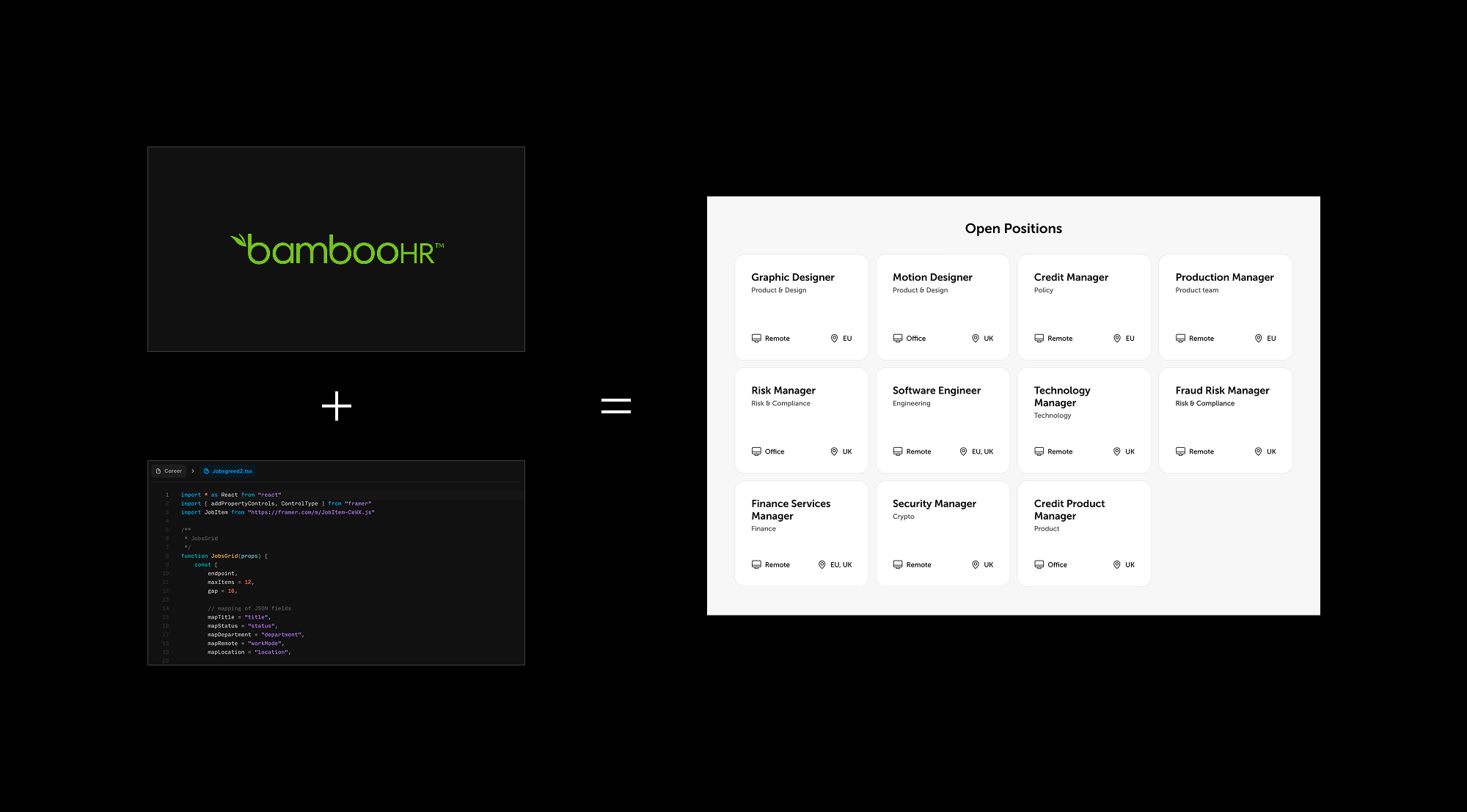 BambooHR plus the JobsGrid component code, producing the live Open Positions grid