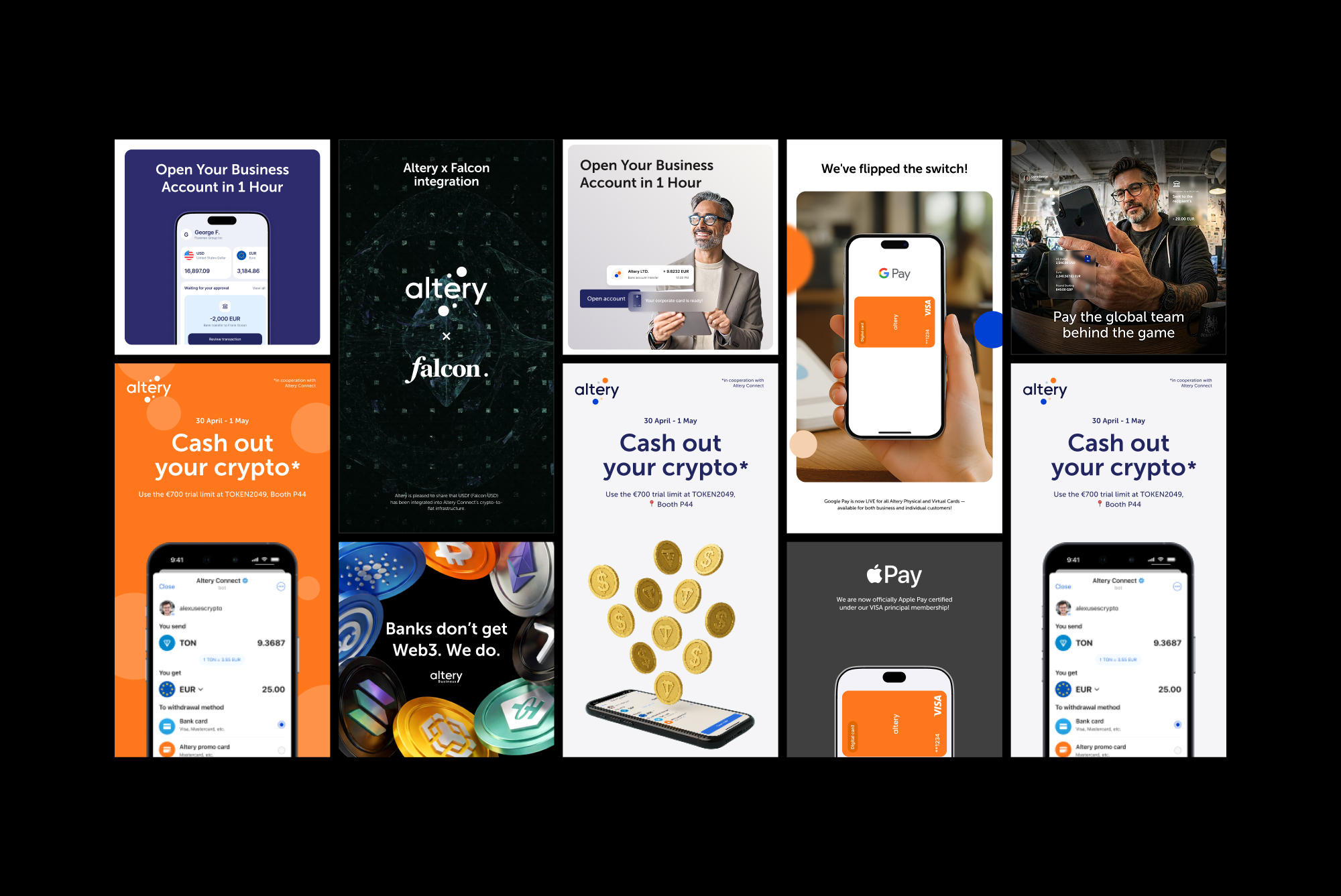 Altery paid and social creatives: business account, crypto cash-out, Apple Pay and Google Pay, partner integrations and event promotions
