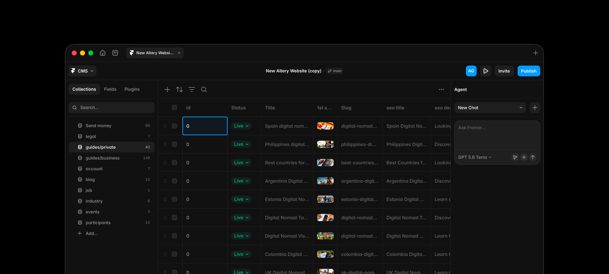 The Framer CMS: ten collections with their counts, and one collection open showing rows and SEO fields