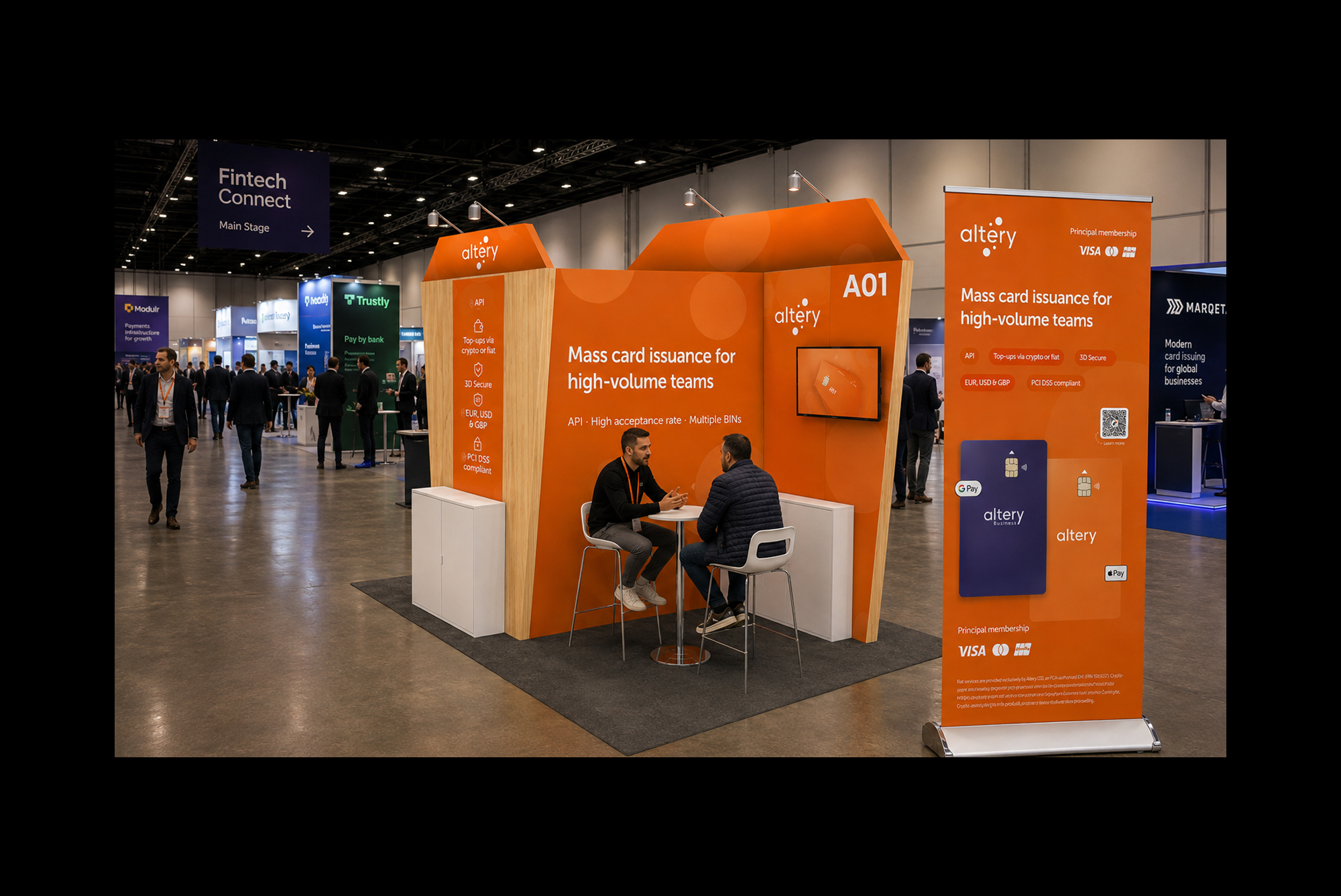One of the Altery conference stands, visualised from the artwork, with roll-up banners for mass card issuance