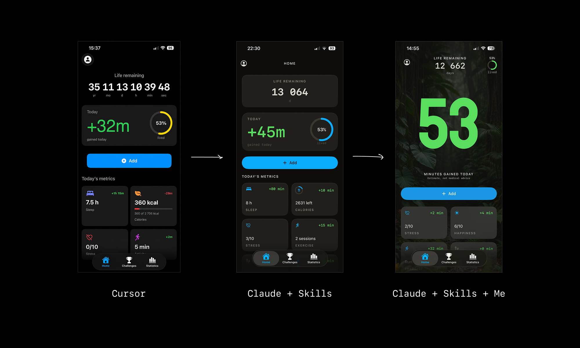 The same home screen in three versions: built in Cursor, then Claude with skills, then with my own art direction on top