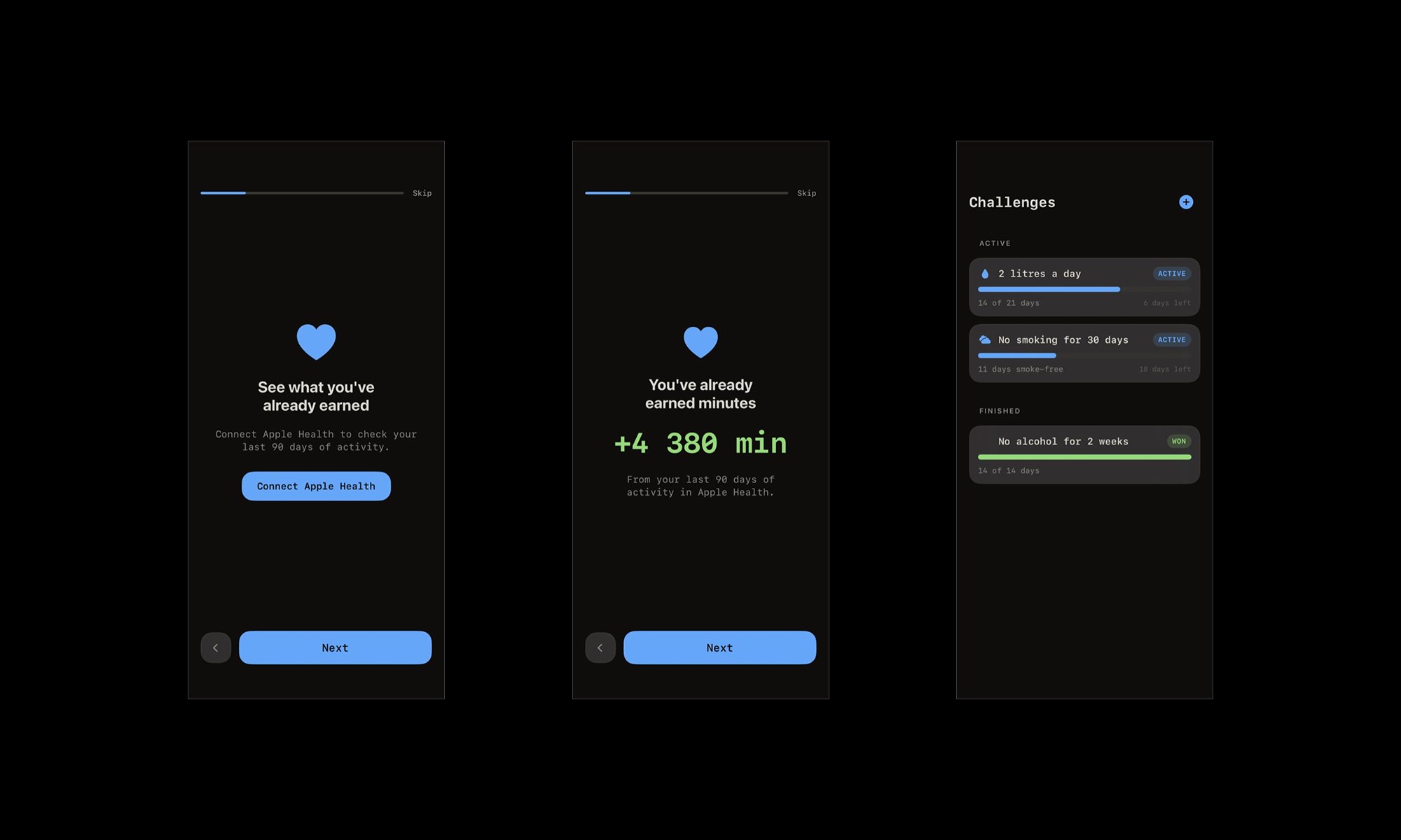 Connecting Apple Health, the backfilled total of 4,380 minutes from ninety days, and the challenges screen