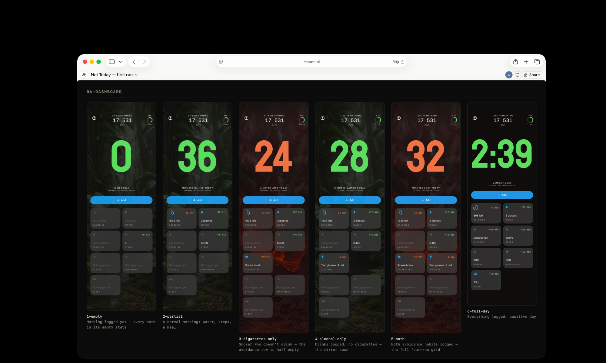 A wall of generated variants of the same screen, produced on the first run for review