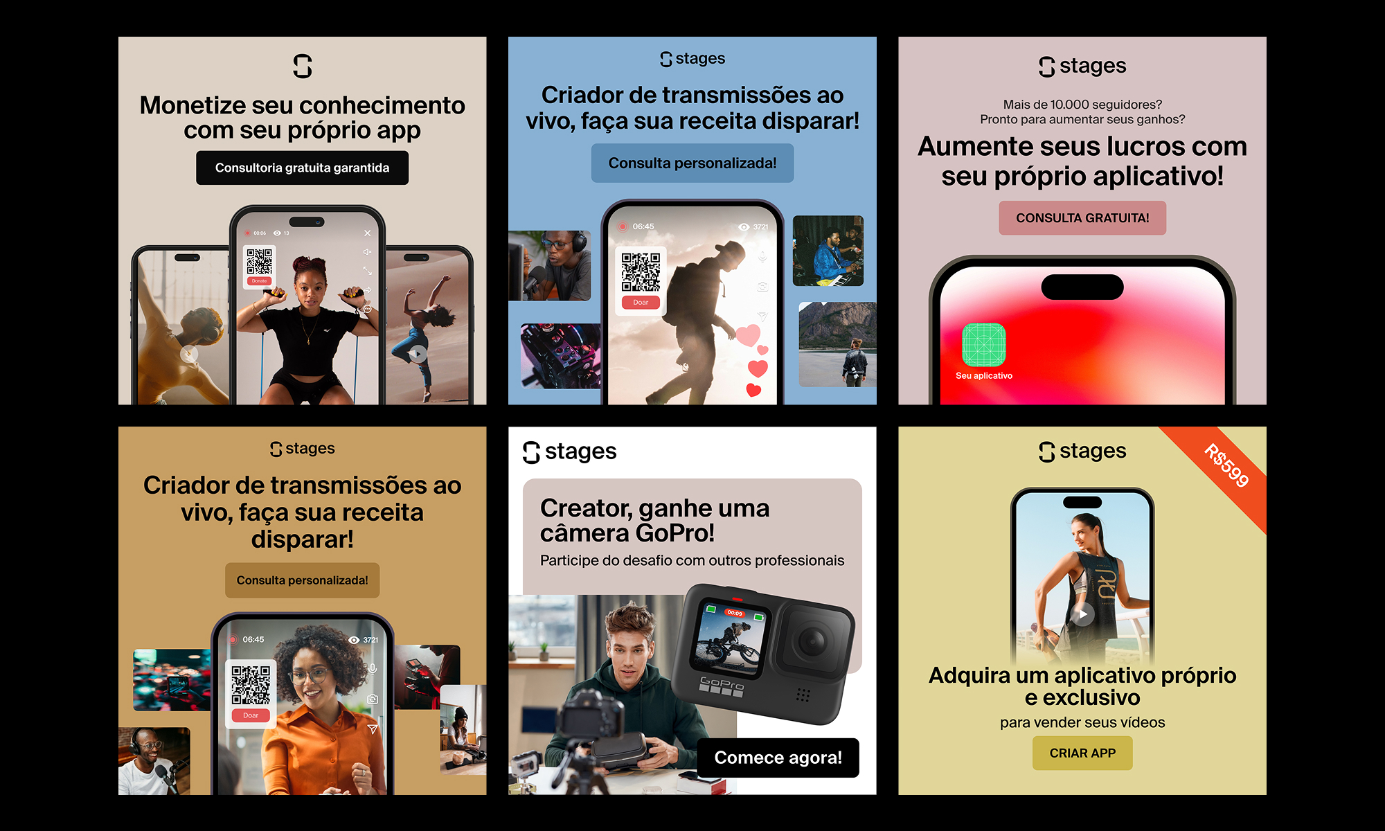 Six Stages ad creatives in Portuguese, each with the same layout and a different claim