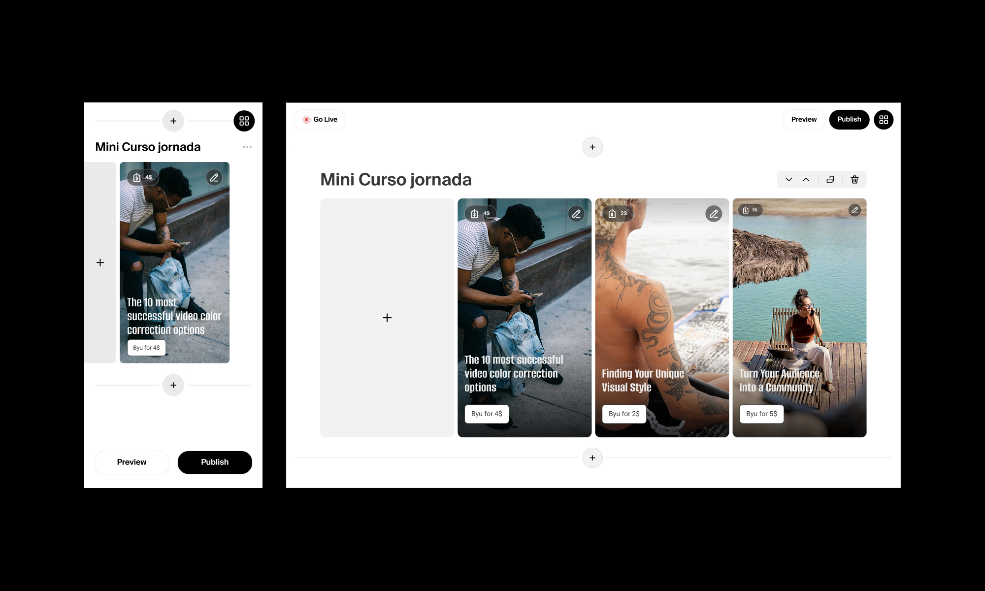 The same course open in the mobile editor and the desktop editor, with identical functionality