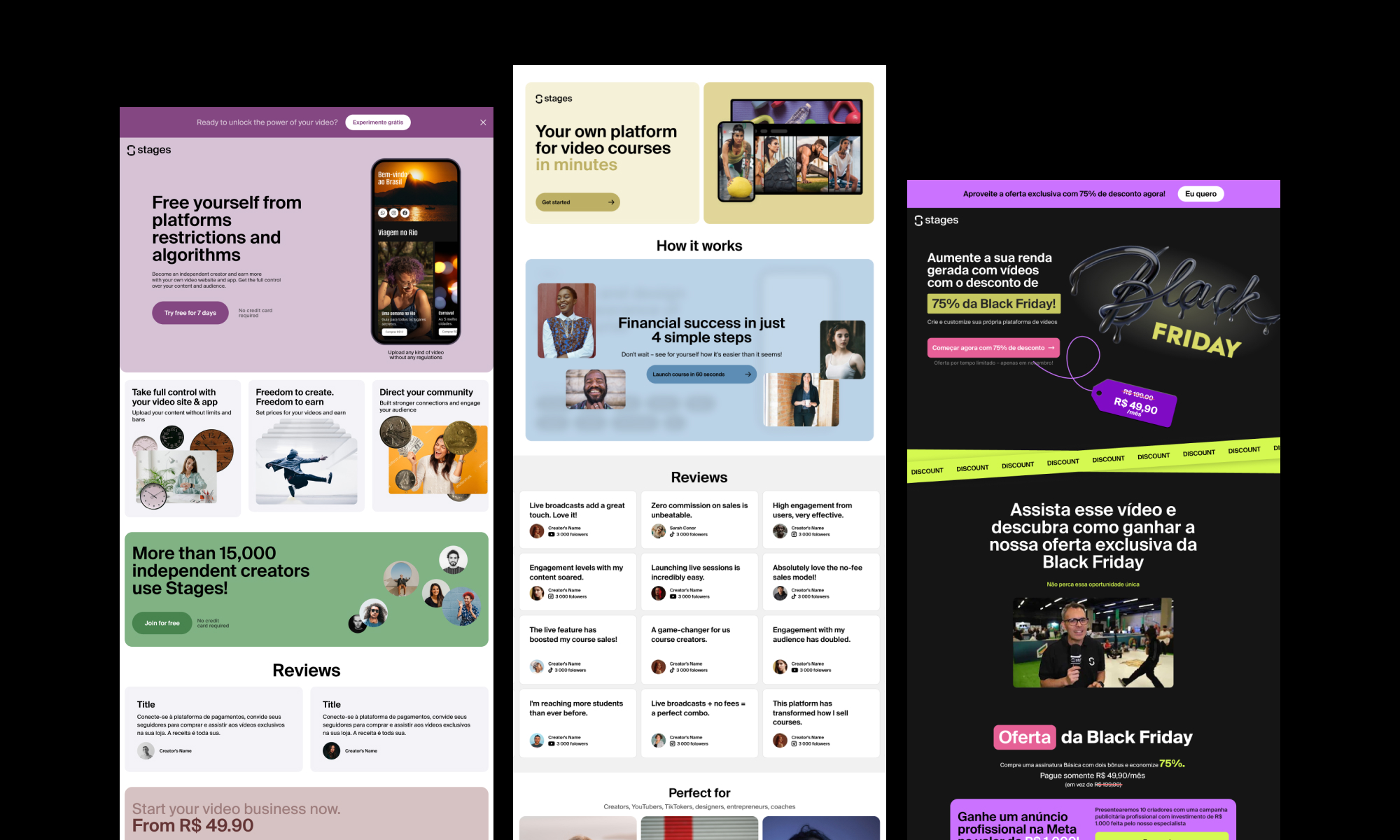 Three Stages landing pages: positioning, how it works with reviews, and a Black Friday promotion