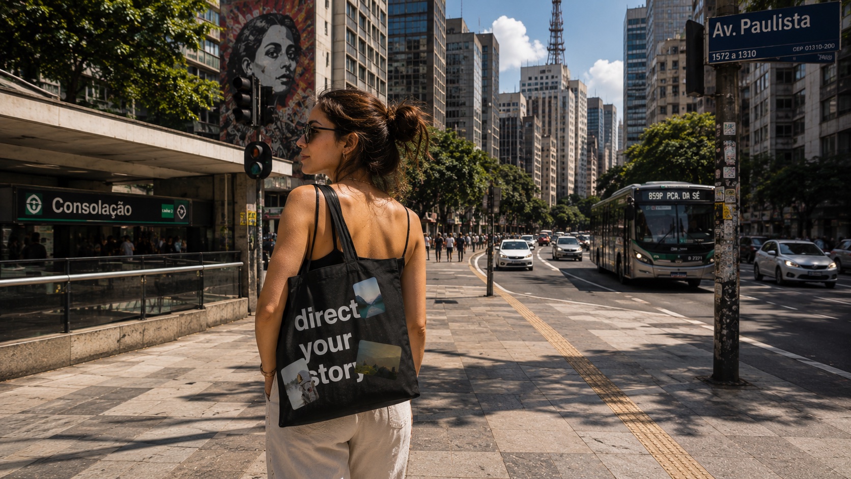 A black Stages tote bag on Avenida Paulista in Sao Paulo, printed with the slogan direct your story and decorated with iron-on stickers