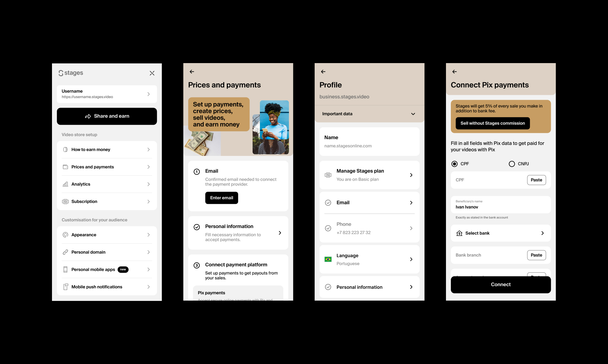 Creator menu, prices and payments setup, profile, and connecting Pix payments with CPF and bank details