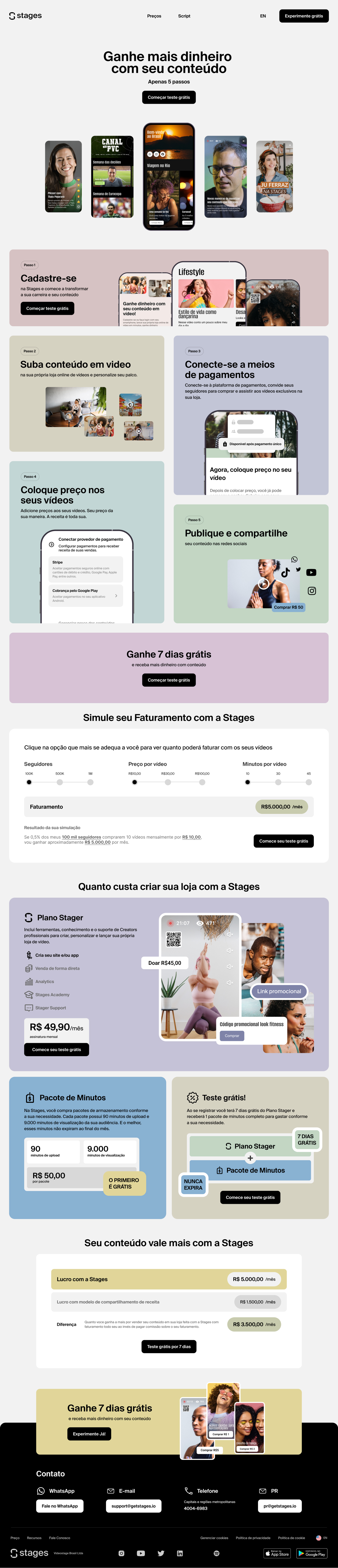 The Stages marketing site on desktop, top to bottom