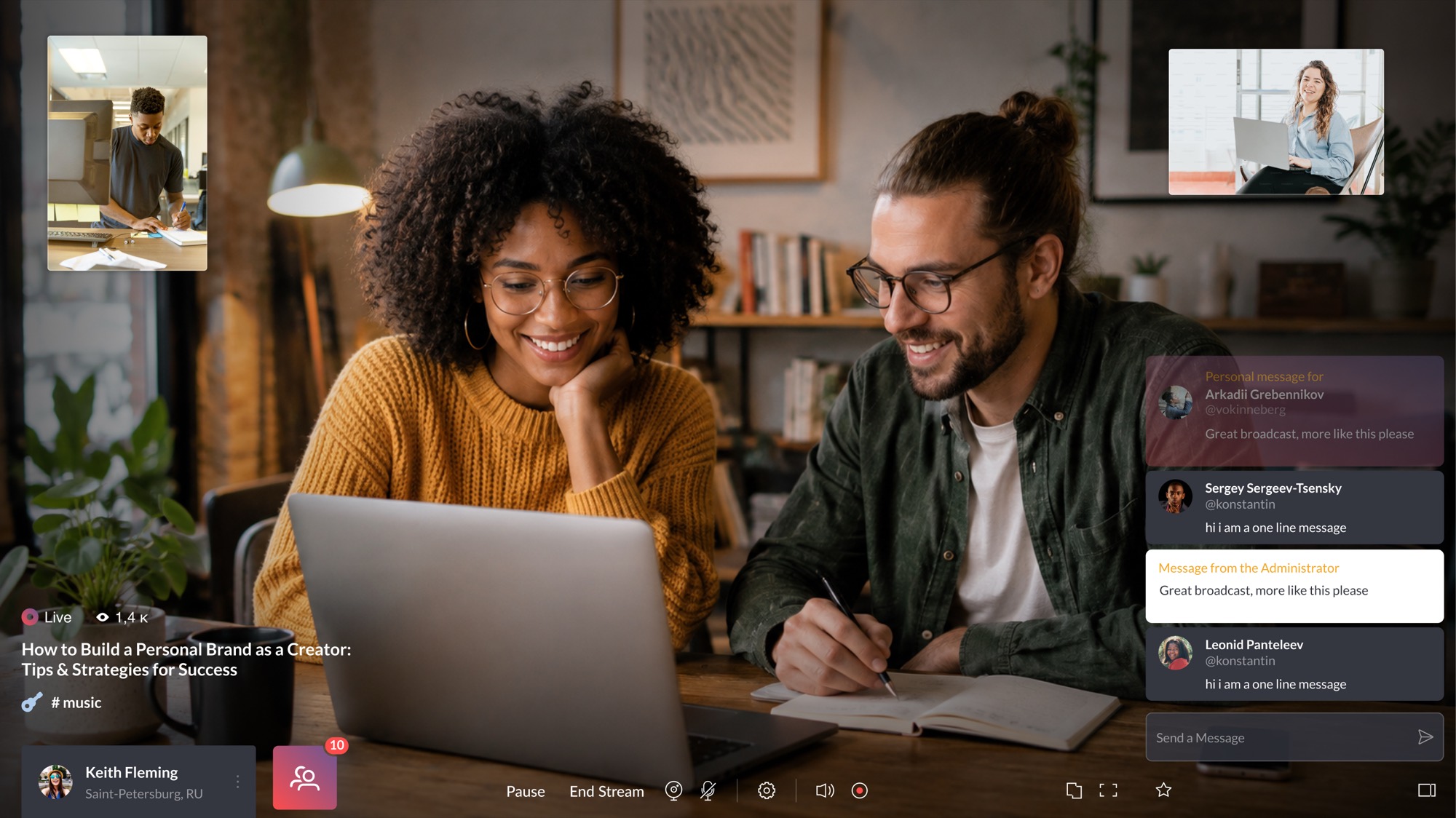 The Webka chat over a live broadcast, with personal messages, an administrator message and the message field