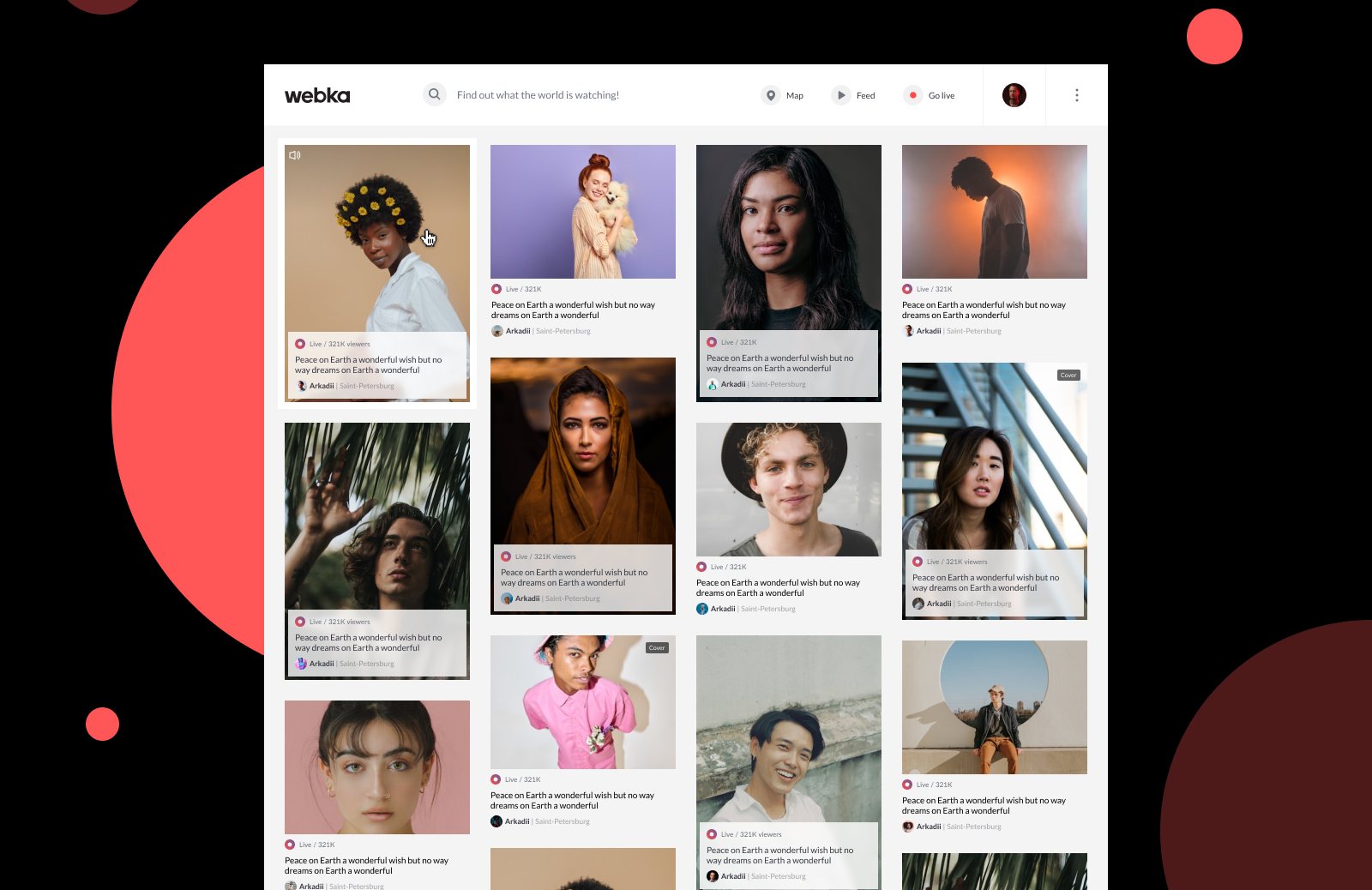 Webka home feed of live broadcasts