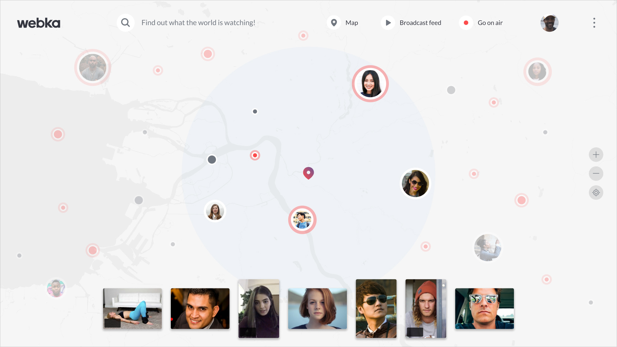 The Webka map with red markers for people who are live and grey markers for people who are online, and a strip of broadcasts along the bottom