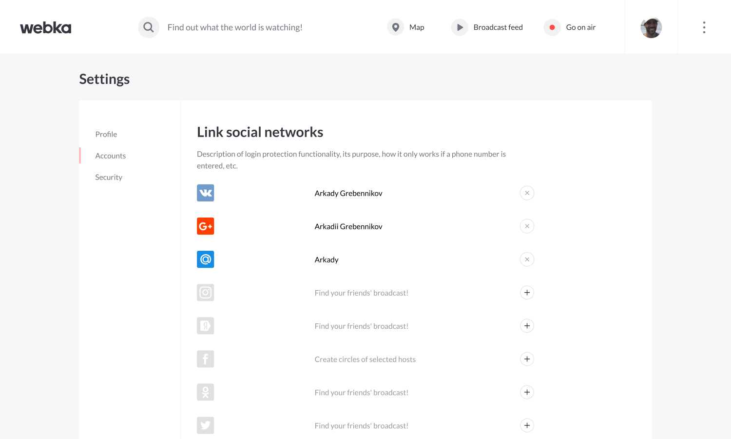 Webka settings &mdash; Connected accounts and sign-in options
