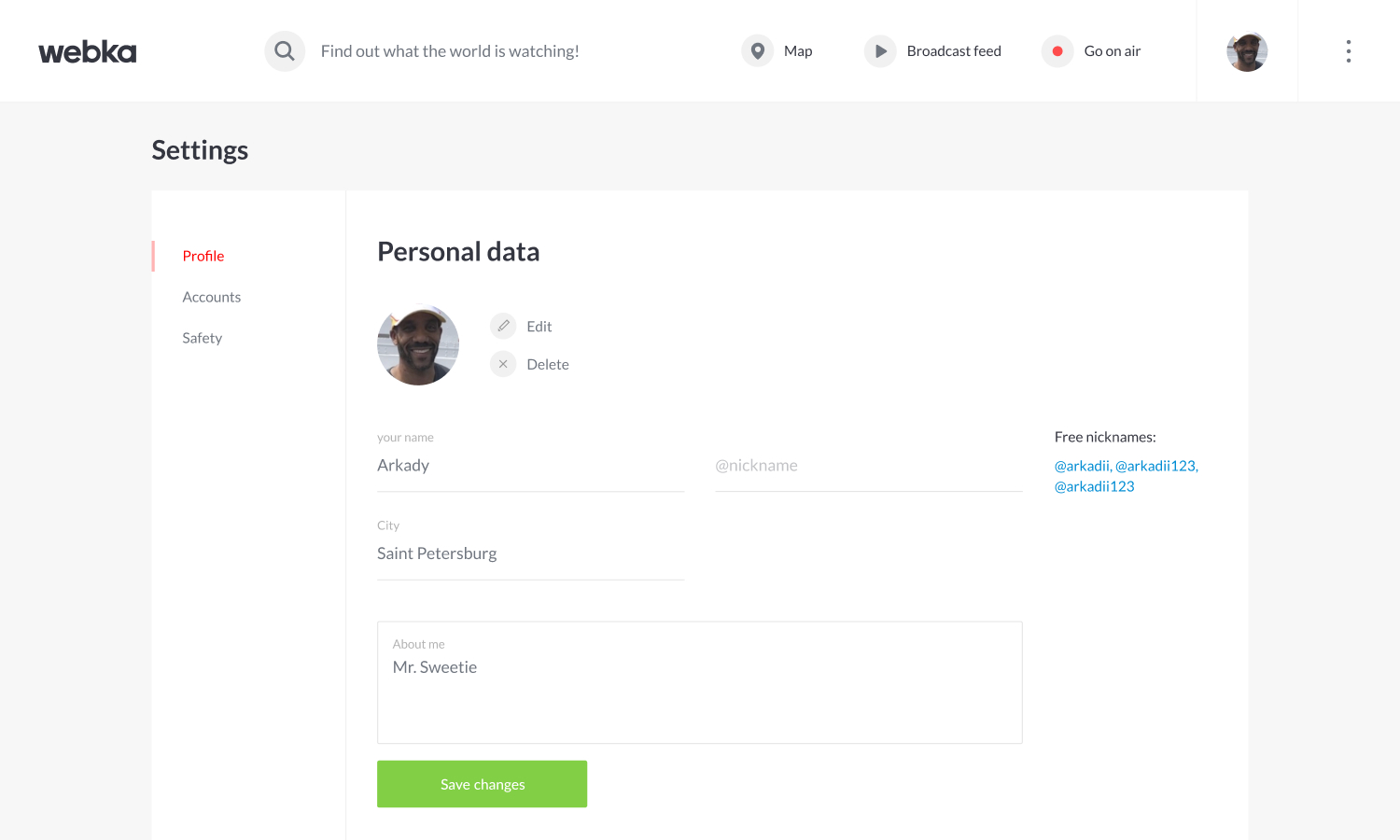 Webka settings &mdash; Personal data: name, nickname, city and the short bio a viewer sees