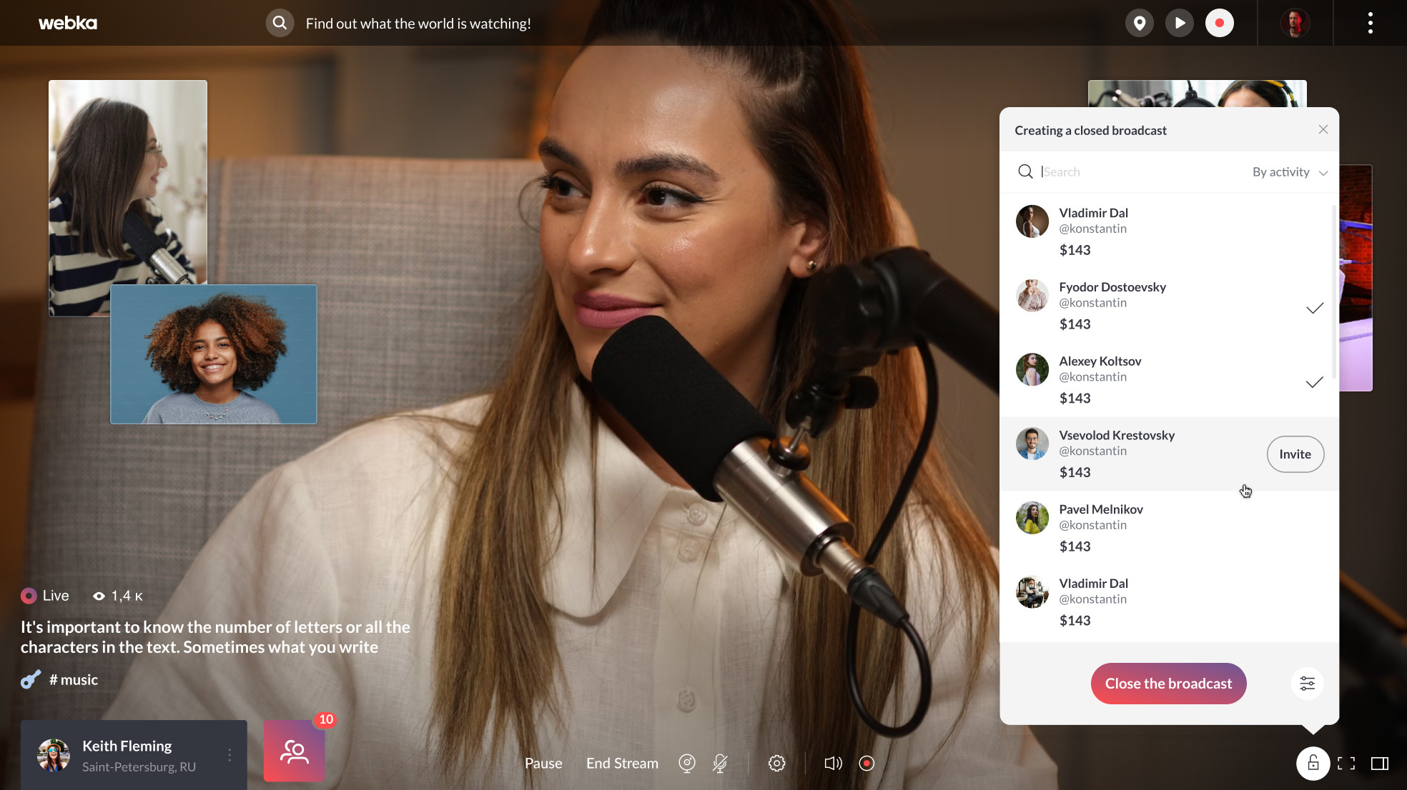 Closing the broadcast: setting a per-minute price and a participant limit from inside the stream
