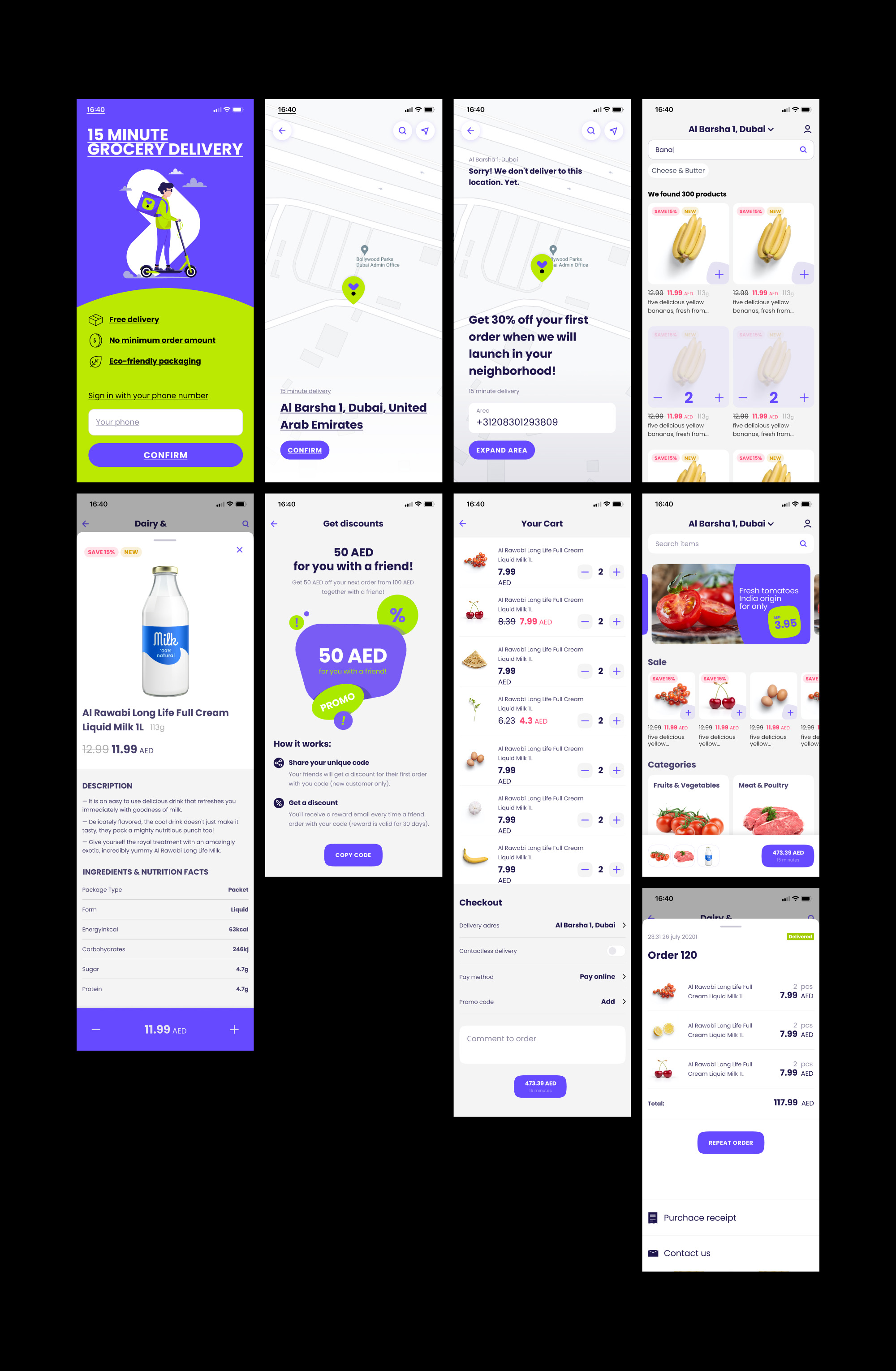 Yalla Market: onboarding, delivery area, catalogue, product card, cart and checkout