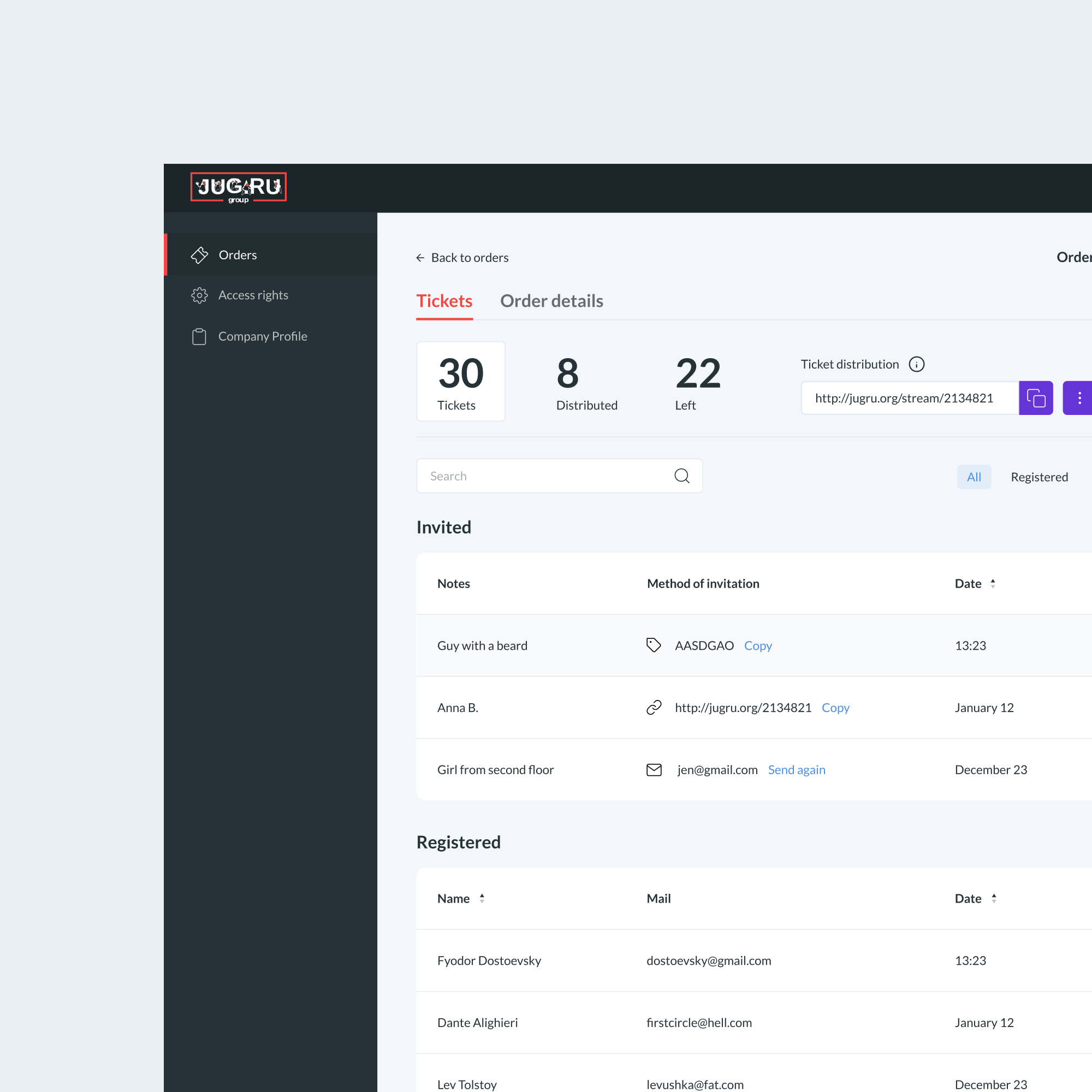 Jug.ru Group: the internal ticket tool — 30 bought, 8 distributed, 22 left