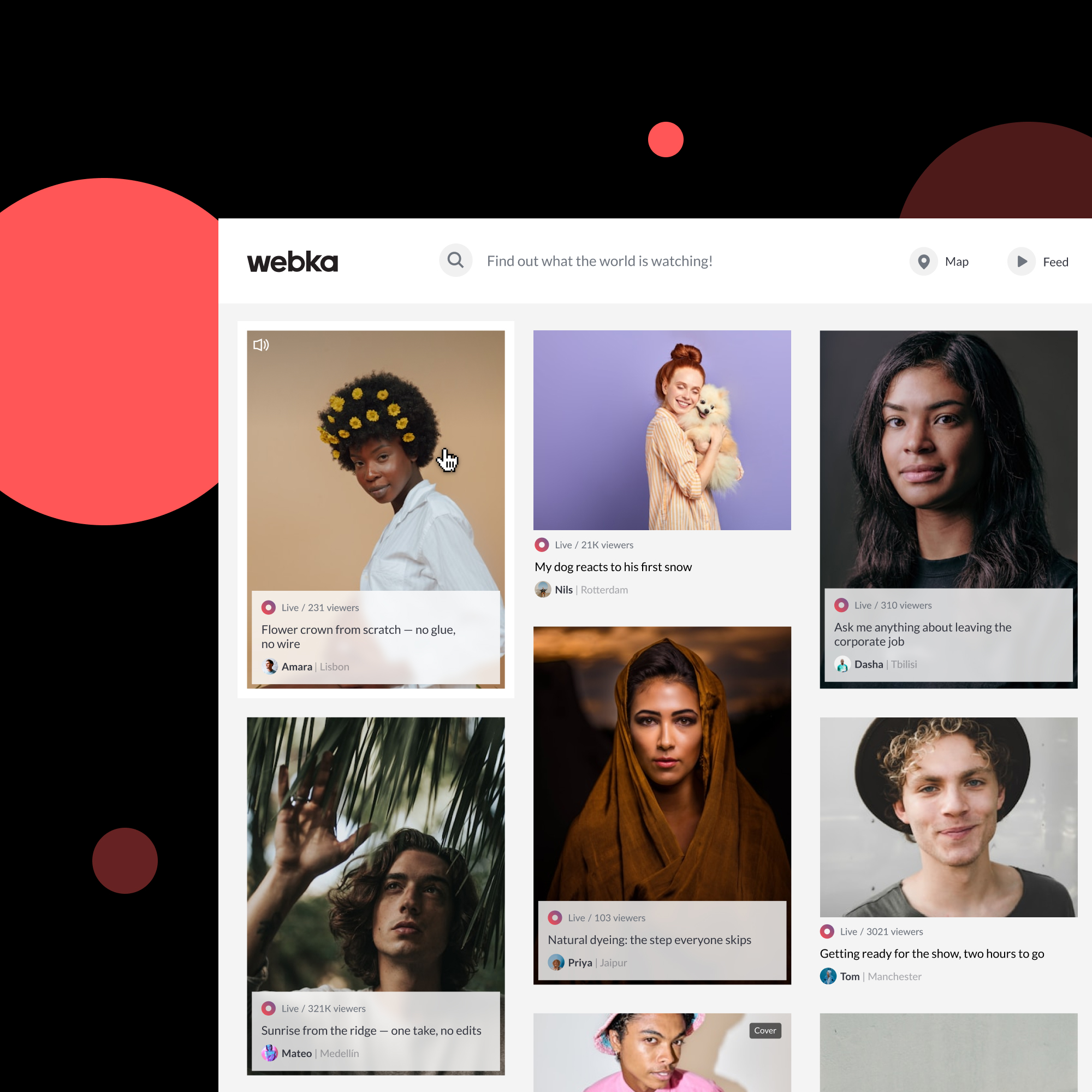 Webka: the feed of live broadcasts, with the map and feed toggle above it